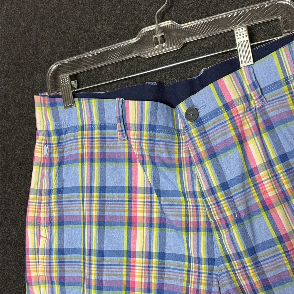 Tommy Bahama Mens Plaid Shorts Blue Pink Yellow 36x9 Marlin Logo Flat Front